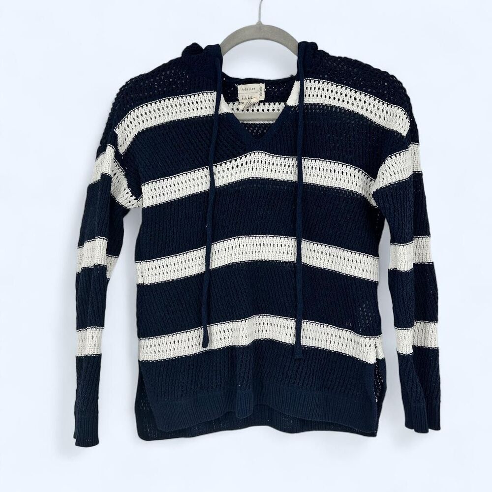 Artelier Nicole Miller Navy White Nautical Striped Open Knit Crochet Mesh Drawst